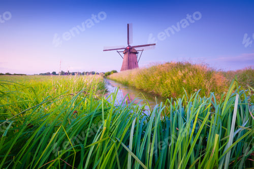 Preview: Windmills in the Netherlands. Historic buildings. Agriculture. Summer landscape during sunset.