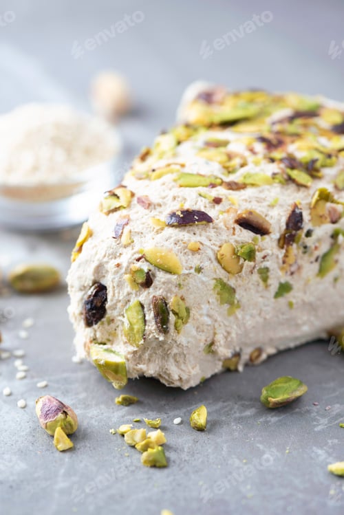 Preview: Sesame halva with pistachios on grey background. Top view. Copy space. Traditional middle eastern