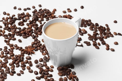 Preview: Coffee cup and beans on a white background