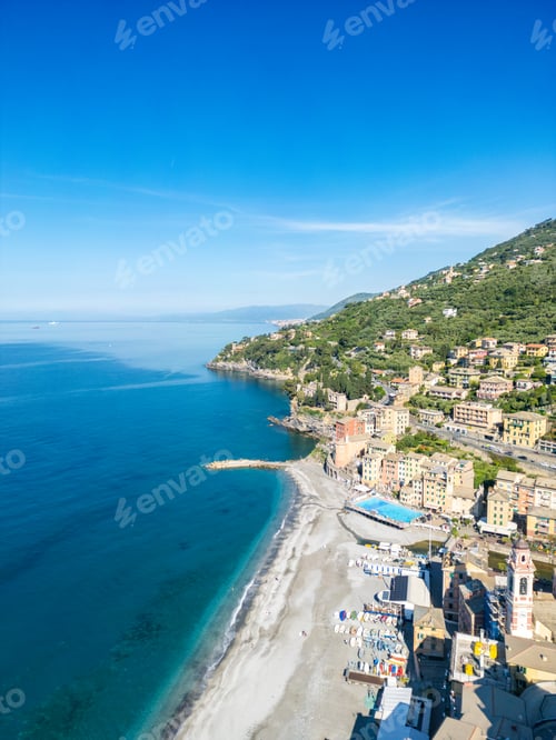Preview: Seaside village with sandy beach and crystal blue waters, the town of Sori, in Liguria