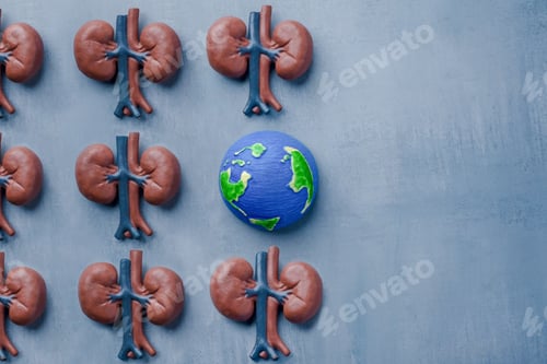 Preview: World Kidney Day concept featuring anatomical kidney models surrounding a globe with copy space