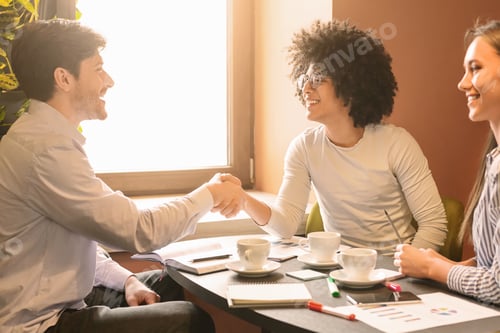 Preview: Young men shaking hands, reached agreement during business lunch