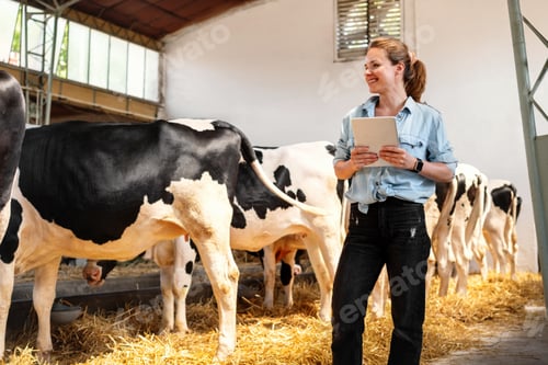 Preview: Portrait of happy woman animal farmer in livestock farm.