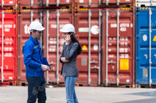 Preview: Container manufacturing manager and businesswomen survey the area to plan the storage