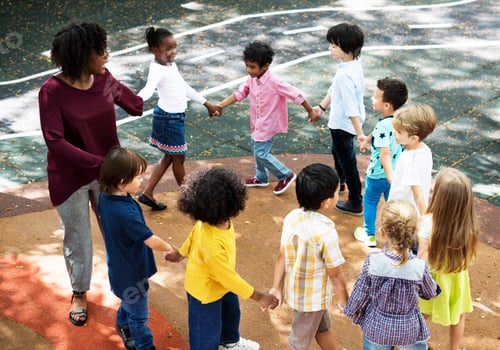 Preview: Group of diverse kindergarten students standing holding hands to
