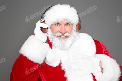 Preview: Santa Claus listening to Christmas music on color background