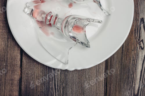 Preview: broken glass of wine kitchenware white plate wooden table shards