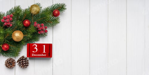 Preview: New Year Background With Decorated Fir Tree And Red Perpetual Calendar Of Cubes