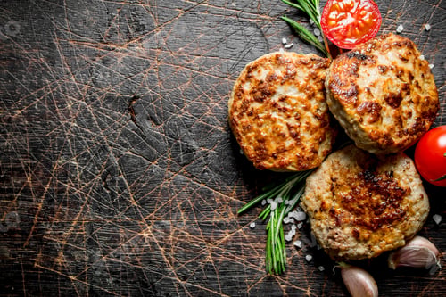 Preview: Cutlets with garlic cloves,rosemary and tomatoes.