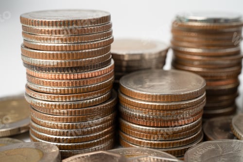 Preview: Stack of Thai baht coins on white background, Business finance investment concept.