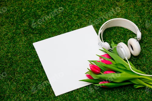 Preview: Mockup banner and tulips with headphones on green grass
