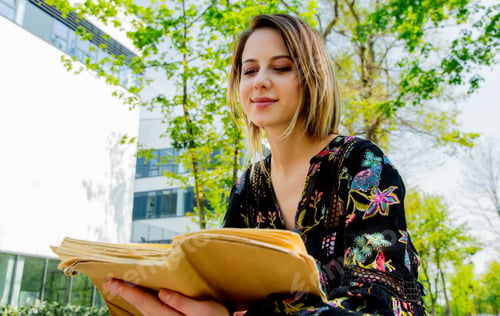Preview: Young student girl reading a book at alley near modern building of University.