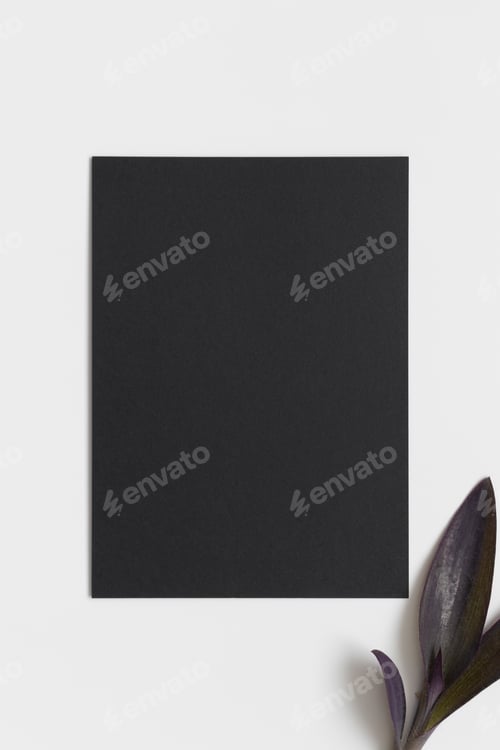 Preview: Invitation black card mockup with a flower. 5x7 ratio, similar to A6, A5.