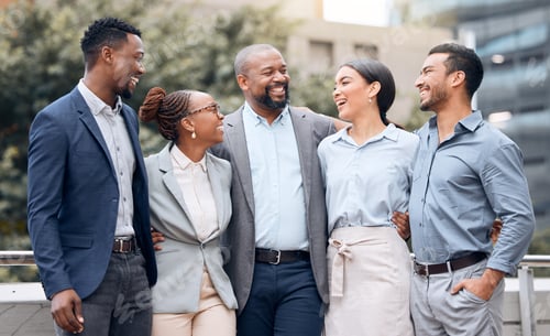 Preview: You always make me laugh. Shot of a group of businesspeople standing outside together.