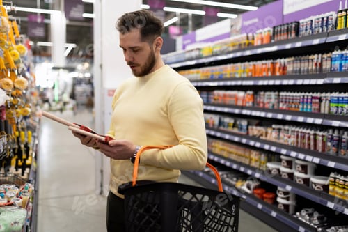 Preview: a man picks up a tool for applying decorative plaster painting work in a hardware store