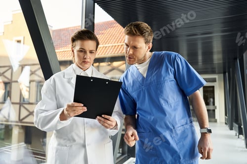 Preview: Doctors analyzing results in a contemporary hospital setting with teamwork