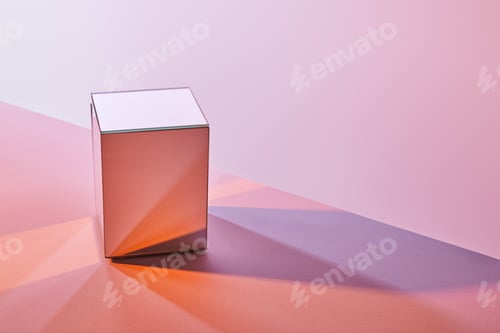 Preview: cube with light reflection on surface on violet and pink background