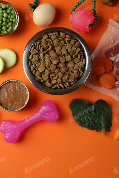 Preview: Concept of organic pet food on orange background