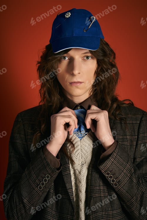 Preview: Fashionable young man showcases unique style in modern urban setting
