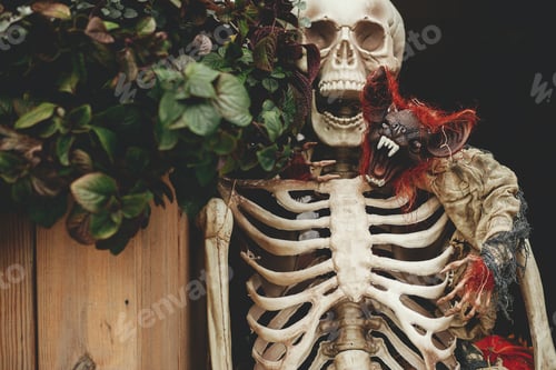 Preview: Scary skeleton and evil bat vampire in street, holiday decoration. Spooky Halloween Trick or trea