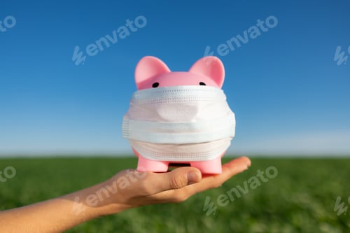 Preview: Piggy Bank Wearing Mask on Hand Outdoors