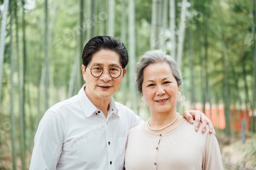 Preview: Portrait of senior couple taking a walk in bamboo forest