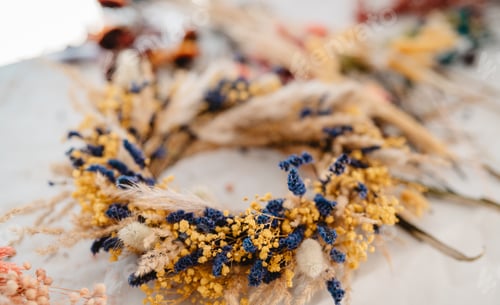 Preview: Handmade seasonal door wreath made with dry blue and yellow summer flowers. Eco friendly home decor