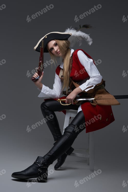 Preview: Attractive woman corsair with handgun and saber