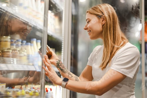 Preview: Smiling young woman choosing dairy products in supermarket