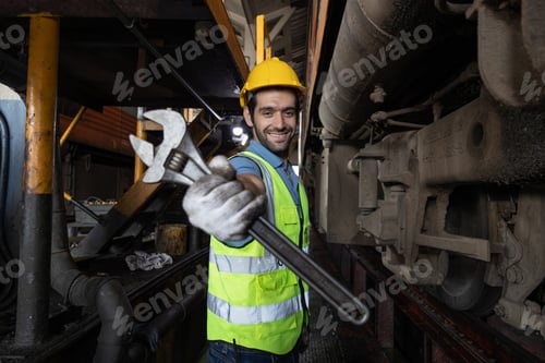 Preview: Portrait of Engineer train Inspect the train's diesel engine, railway track in depot of train