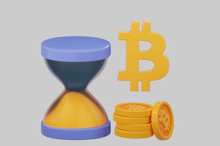 Preview: Digital illustration of an hourglass, a Bitcoin symbol, and three coins.