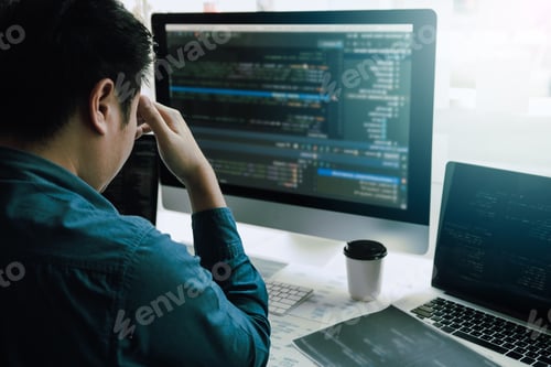 Preview: Software developers headache with code analysis in the office.
