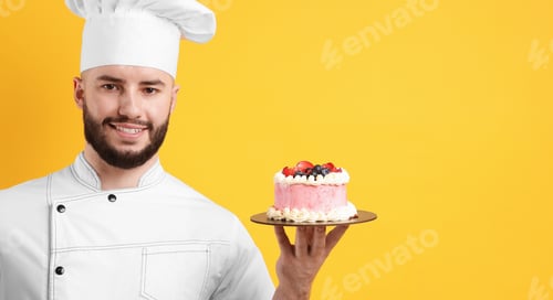 Preview: Happy confectioner in uniform holding cake with berries and showing ok gesture on orange background
