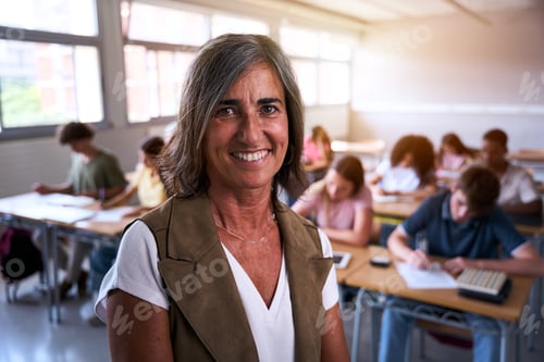 Visualização: Retrato de uma professora caucasiana madura feliz no ensino médio posando em sala de aula com confiança.