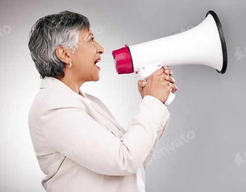 Preview: Business woman, megaphone and protest, voice or news and broadcast or announcement on a white backg
