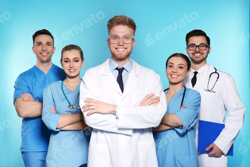 Preview: Group of medical doctors on color background. Unity concept