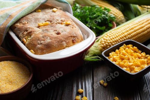 Preview: Cornbread in ceramic baking dish on wooden kitchen table