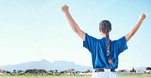 Preview: Back, outdoor and woman with fitness, celebration and victory with success, mockup and champion. Pe