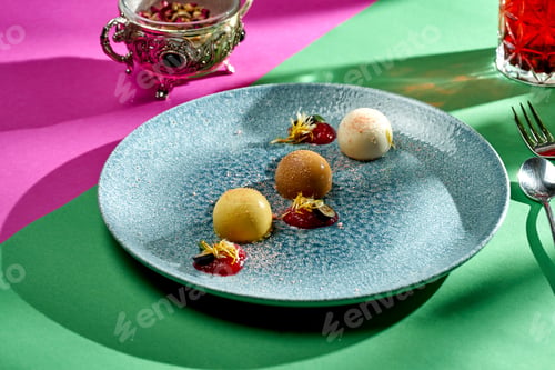 Preview: Dessert chocolate mousse cakes in a plate on bright backgrounds. Selective focus, hard shadows