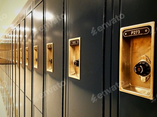 Preview: Vanishing point of blue lockers in a high school hallway.