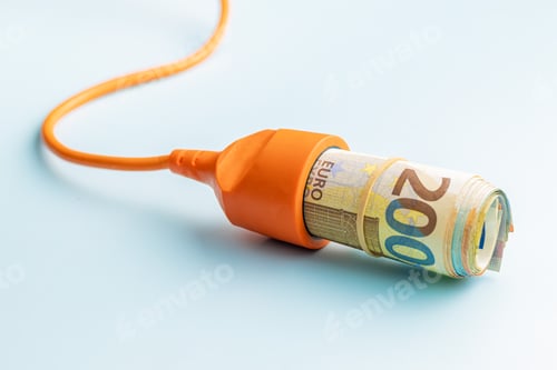 Preview: Electric socket and euro money on blue background. Concept of increasing electric prices.
