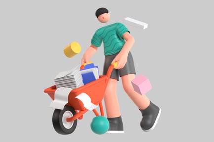 Visualização: Personagem de desenho animado com ítem de carrinho de mão