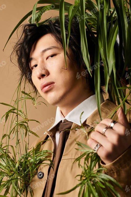 Preview: Stylish spring fashion showcase with an asian man in a creative studio setting