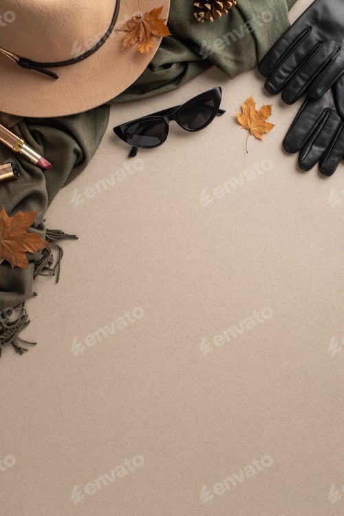 Preview: Autumn fashion concept. Vertical top view of brimmed hat, gloves, fashionable glasses, refined scarf