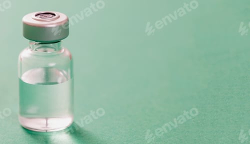 Preview: Medical vial for injection on green background, transparent glass bottle