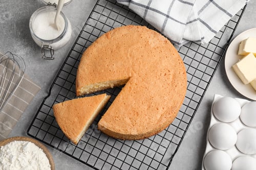 Preview: Flat lay composition with delicious fresh homemade cake on grey marble table