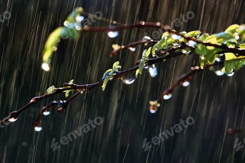 Preview: Water drops on leaf and twig on a rainy day