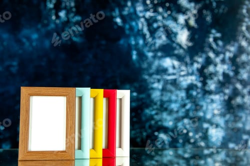 Preview: front view different picture frames with colored corners on the dark-blue background family memory