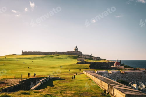 Preview: Landscape view of El Morro with visitors in sunlight, San Juan, Puerto Rico