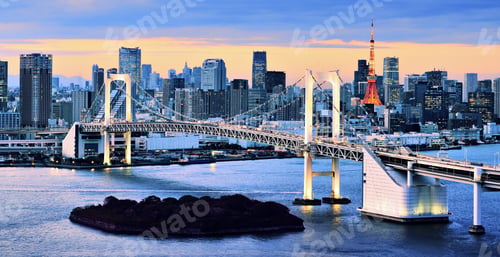 Preview: Rainbow Bridge Spanning Tokyo Bay With Tokyo Tower Visible In The Background.